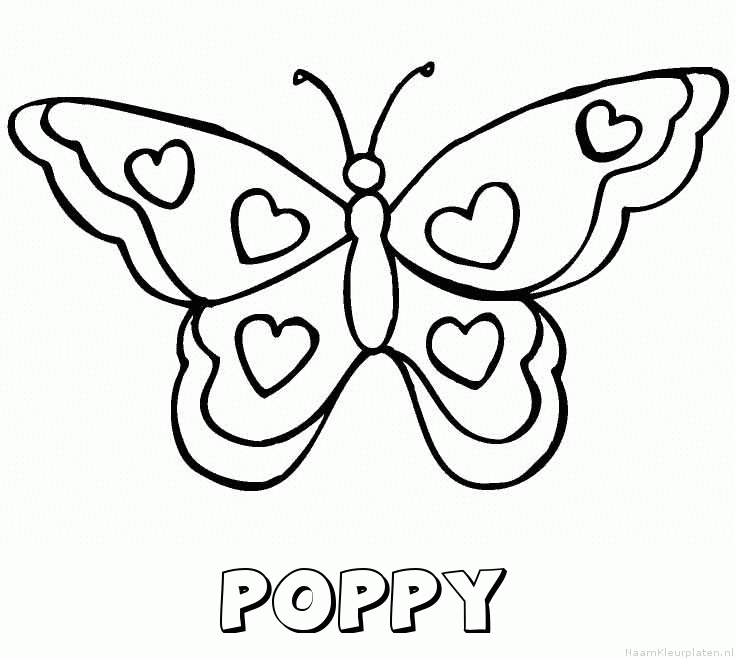 Poppy vlinder hartjes kleurplaat