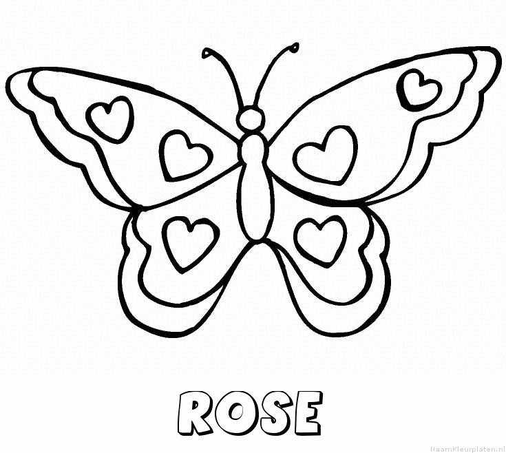 Rose vlinder hartjes kleurplaat